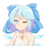 1girl bangs bare_shoulders blue_bow blue_eyes blue_hair bow cato_(monocatienus) cirno closed_mouth eyebrows_visible_through_hair hand_on_own_face hand_up highres ice ice_wings looking_up one_eye_closed shirt short_hair simple_background sleeveless smile solo touhou white_background white_shirt wings 