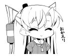  1girl amatsukaze_(kancolle) ataru_(ataru-littlebird) chibi choker closed_eyes commentary_request cowboy_shot dress greyscale hair_tubes hands_on_hips hat kantai_collection lifebuoy_ornament mini_hat monochrome sailor_collar sailor_dress smokestack_hair_ornament solo translation_request two_side_up windsock 