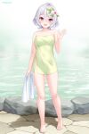  1girl :d antenna_hair bare_shoulders barefoot collarbone cygnus_(cygnus7) flower full_body hair_between_eyes hair_flower hair_ornament hand_up highres holding holding_towel kokkoro_(princess_connect!) looking_at_viewer naked_towel onsen open_mouth pink_eyes pointy_ears princess_connect! short_hair smile solo standing steam towel twitter_username water 