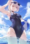  1girl bangs bare_shoulders blush breasts highres looking_at_viewer medium_breasts original short_hair solo spider_apple swimsuit thighs violet_eyes white_hair 