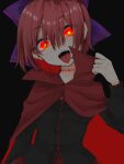 1girl black_background black_shirt bow bright_pupils cloak eyebrows_visible_through_hair hair_bow highres long_sleeves looking_at_viewer open_mouth purple_bow red_eyes redhead scar sekibanki sekibanki_day shirt short_hair simple_background solo tongue touhou upper_body white_pupils yami_nabe 