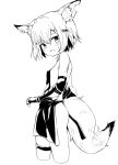  1girl animal_ear_fluff animal_ears apron arknights bangs blush breasts cropped_legs dusonson fox_ears fox_girl fox_tail from_side greyscale hair_ornament looking_at_viewer mechanical_arms monochrome notched_ear open_mouth prosthesis prosthetic_arm short_hair sideboob single_mechanical_arm skindentation small_breasts solo sweatdrop tail thigh_strap tsurime vermeil_(arknights) waist_bow 