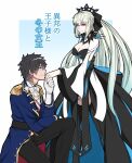  1boy black_bow black_dress black_hair black_veil bow braid center_opening clothing_cutout dress fate/grand_order fate_(series) formal french_braid fujimaru_ritsuka_(male) hand_grab hetero highres holding_hands kiss kissing_hand light_blue_eyes looking_at_another morgan_le_fay_(fate) one_knee platinum_blonde_hair sanmotogoroo stomach_cutout two-tone_dress 