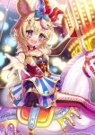 1girl animal_ear_fluff animal_ears armband bare_arms blonde_hair blurry blurry_background blush bokeh bow carousel chocomarybadend clothing_cutout club_(shape) commentary depth_of_field detached_sleeves diamond_(shape) dress facial_mark feet_out_of_frame fox_ears gloves hair_between_eyes hair_bow hair_ornament hat heart highres holding holding_pole hololive horse jester_cap layered_dress multicolored_hair navel navel_cutout neck_ribbon night omaru_polka outdoors outstretched_hand outstretched_leg petticoat pink_legwear pole red_gloves red_neckwear ribbon short_hair single_glove single_sleeve sitting skirt solo spade_(shape) star-shaped_pupils star_(symbol) streaked_hair striped striped_skirt symbol-shaped_pupils thigh-highs upper_teeth violet_eyes virtual_youtuber x_hair_ornament 