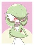  absurdres blush border colored_skin commentary_request covering covering_chest embarrassed gardevoir gen_3_pokemon green_hair hands_up highres looking_away open_mouth pokemon pokemon_(creature) red_eyes shabana_may solo tongue white_border white_skin 