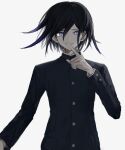  1boy bangs black_hair black_jacket black_shirt commentary_request dangan_ronpa_(series) dangan_ronpa_v3:_killing_harmony finger_to_mouth gloves grey_background hair_between_eyes hand_up index_finger_raised iumi_urura jacket long_sleeves looking_at_viewer male_focus ouma_kokichi pale_skin purple_hair shirt short_hair shushing simple_background smile solo upper_body violet_eyes 