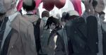  6+boys :d balloon bangs black_hair brown_coat checkered checkered_scarf coat collared_shirt commentary_request dangan_ronpa_(series) dangan_ronpa_v3:_killing_harmony earphones from_side grey_hair grey_sweater hair_between_eyes hat highres holding holding_balloon iumi_urura jacket long_sleeves looking_at_viewer male_focus mask mouth_mask multiple_boys necktie open_clothes open_jacket open_mouth ouma_kokichi outdoors people scarf shirt short_hair smile solo_focus straitjacket sweater upper_teeth violet_eyes 