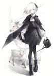  1girl absurdres black_footwear boots cape capelet deer expressionless fawn grey_eyes hairband high-waist_skirt highres hito_komoru holding holding_stick holding_watering_can long_sleeves monochrome original pale_skin pantyhose puffy_long_sleeves puffy_sleeves shadow shirt short_hair skirt standing stick watering_can white_background white_hair white_shirt wind 