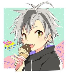  1boy bangs black_hair black_shirt brown_eyes double_scoop drawstring ear_piercing eyebrows_visible_through_hair fang food food_on_face grey_hair holding holding_food ice_cream ice_cream_cone kamiyoshi_rika looking_at_viewer male_focus multicolored_hair nijisanji open_mouth parted_bangs piercing shirt solo streaked_hair suzuki_masaru upper_body virtual_youtuber 