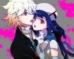  1boy 1girl @_@ arm_around_neck bangs black_hair black_jacket brown_hair chain collar collarbone commentary_request danganronpa_(series) danganronpa_another_episode:_ultra_despair_girls dosugon dress elbow_gloves gloves grey_background hat hug jacket komaeda_nagito long_hair looking_at_viewer metal_collar mole mole_under_eye multicolored_hair nail_polish nurse nurse_cap open_clothes open_jacket pink_background red_eyes red_nails servant_(danganronpa) shirt short_sleeves smile teeth tongue tongue_out tsumiki_mikan two-tone_hair upper_body upper_teeth white_dress 