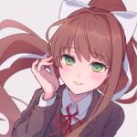  1girl blush brown_hair commentary doki_doki_literature_club green_eyes hair_ribbon hand_up long_hair long_sleeves looking_at_viewer m1stm1 monika_(doki_doki_literature_club) neck_ribbon parted_lips ponytail portrait red_neckwear ribbon school_uniform simple_background smile solo upper_body white_background white_ribbon 