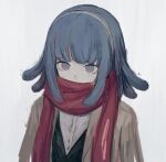  1girl bangs black_jacket blue_hair brown_eyes brown_jacket dangan_ronpa_(series) dangan_ronpa_3_(anime) gekkougahara_miaya grey_background grey_hairband grey_shirt hair_flaps hairband iumi_urura jacket long_sleeves looking_at_viewer medium_hair red_scarf scarf shirt simple_background solo upper_body 