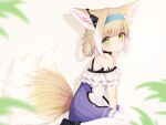  animal_ears arknights bandaid bandaid_on_arm bare_shoulders black_collar black_footwear blonde_hair blue_hairband blurry blush braid collar depth_of_field dress earpiece fox_ears fox_girl fox_tail frilled_dress frills green_eyes hairband hawawa infection_monitor_(arknights) looking_at_viewer multicolored_hair multiple_tails off-shoulder_dress off_shoulder oripathy_lesion_(arknights) pantyhose purple_dress short_hair sitting streaked_hair suzuran_(arknights) tail two-tone_dress white_dress white_hair white_legwear 