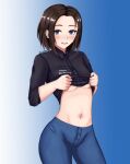  1girl black_shirt blue_eyes breasts brown_hair denim jeans looking_at_viewer mole mole_under_eye pants samsung samsung_sam shirt short_hair small_breasts smile solo stomach 