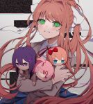  4girls bangs bow brown_hair crying crying_with_eyes_open doki_doki_literature_club green_eyes hair_ornament hairclip highres hug long_hair monika_(doki_doki_literature_club) multiple_girls natsuki_(doki_doki_literature_club) pink_eyes pink_hair purple_hair red_ribbon ribbon sayori_(doki_doki_literature_club) school_uniform short_hair skirt stuffed_toy tears twintails user_xyxr8482 violet_eyes yuri_(doki_doki_literature_club) 