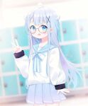  1girl :d ahoge amatsuka_uto animal_on_head bangs black-framed_eyewear blue_eyes blue_hair blue_sailor_collar blue_skirt blurry blurry_background blush bow commentary_request depth_of_field deyui eyebrows_visible_through_hair glasses hair_ornament hand_up highres indie_virtual_youtuber long_hair long_sleeves looking_at_viewer on_head open_mouth pleated_skirt puffy_long_sleeves puffy_sleeves round_eyewear sailor_collar school_uniform serafuku shirt skirt sleeves_past_wrists smile solo striped striped_bow two_side_up upper_teeth v very_long_hair virtual_youtuber white_shirt wing_hair_ornament x_hair_ornament 