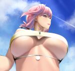  1girl bangs bikini braid braided_ponytail breasts chaldea_lifesavers clouds cloudy_sky commentary_request day eyebrows_visible_through_hair fate/grand_order fate_(series) florence_nightingale_(fate) from_below highres karakari large_breasts long_hair looking_to_the_side pink_hair red_eyes sky smile solo sparkle swimsuit wet yellow_bikini 