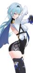  1girl absurdres blue_hair breasts cape eula_lawrence genshin_impact hairband half-closed_eyes highres leotard long_sleeves looking_at_viewer solo thigh-highs yuibin 