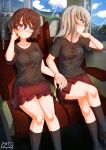  2girls akaboshi_koume aquaegg black_shirt blue_eyes blush breasts brown_hair closed_mouth collarbone eyebrows_visible_through_hair girls_und_panzer highres holding_hands itsumi_erika large_breasts looking_at_another looking_out_window medium_hair microskirt multiple_girls red_skirt shiny shiny_hair shiny_skin shirt short_hair sitting skirt smile train_interior translation_request white_hair yuri 