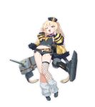  1girl absurdres anchor azur_lane bache_(azur_lane) baelsera black_sailor_collar black_shirt blonde_hair collar cutoffs fishnet_legwear fishnets fur-trimmed_jacket fur_trim hat heart heart-shaped_pupils highres jacket long_hair micro_shorts mini_hat neckerchief off_shoulder ok_sign one_eye_closed open_clothes open_mouth open_shorts pink_collar rigging sailor_collar shirt shorts single_thighhigh socks solo symbol-shaped_pupils thick_eyebrows thigh-highs two_side_up violet_eyes yellow_jacket yellow_neckwear 
