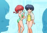  2girls 2others aqua_swimsuit black_hair blue_eyes blurry braid braided_ponytail brown_eyes casual_one-piece_swimsuit commentary_request depth_of_field feet_out_of_frame genderswap genderswap_(mtf) looking_at_viewer multiple_girls multiple_others one-piece_swimsuit one_eye_closed polka_dot polka_dot_swimsuit ranma-chan ranma_1/2 redhead saotome_ranma short_hair single_braid standing strapless strapless_swimsuit swimsuit tendou_akane wanta_(futoshi) yellow_swimsuit 