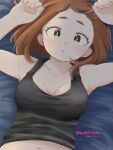  1girl :o blush boku_no_hero_academia brown_eyes brown_hair buthikireta highres looking_at_viewer lying navel open_mouth short_eyebrows short_hair sidelocks solo sweat tank_top uraraka_ochako 