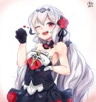  1girl :d armpits bangs bare_shoulders black_gloves fangs flower gloves hair_between_eyes hair_flower hair_ornament heart highres honkai_(series) honkai_impact_3rd long_hair looking_at_viewer one_eye_closed open_mouth qualthis red_eyes red_flower rose simple_background smile solo theresa_apocalypse theresa_apocalypse_(luna_kindred) twintails white_background white_hair 