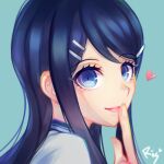  1girl bangs blue_eyes blue_hair closed_mouth commentary_request dangan_ronpa:_trigger_happy_havoc dangan_ronpa_(series) eyebrows_visible_through_hair face finger_to_mouth hair_ornament hairclip heart long_hair looking_at_viewer maizono_sayaka portrait rissu school_uniform signature simple_background smile solo 