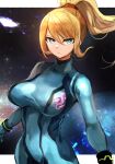  1girl blonde_hair blue_bodysuit blue_eyes bodysuit breasts closed_mouth commentary_request hatano_kiyoshi high_ponytail highres large_breasts long_hair looking_at_viewer metroid samus_aran skin_tight solo space zero_suit 