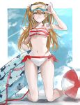  1girl absurdres ball bare_shoulders beachball bikini blue_eyes blush diving_mask diving_mask_on_head goggles goggles_on_head hair_ornament highres innertube long_hair looking_at_viewer muu_(muu_shiromiya) navel neon_genesis_evangelion orange_hair red_bikini simple_background smile snorkel solo souryuu_asuka_langley striped striped_bikini swimsuit white_bikini 