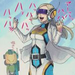  1boy 1girl air_raider_(edf) belt blonde_hair earth_defence_force_5 earth_defense_force headset helmet labcoat laughing lipstick long_hair makeup mysterious_scientist_(edf5) satsuki_(notsachiko) translated visor 