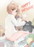  1girl absurdres animal_ears bandaid bear_ears bottomless closed_mouth commentary english_text eyebrows_visible_through_hair fake_animal_ears from_behind girls_und_panzer happy_birthday highres holding holding_stuffed_toy huge_filesize looking_at_viewer looking_back naked_shirt nishizumi_miho on_bed shirt sitting smile socks solo sounata_(sounanmaru) stuffed_toy wariza white_legwear white_shirt 