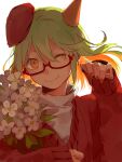  1girl 451264852 demon_girl flower funamusea glasses green_hair hat holding holding_flower horns long_hair looking_at_viewer one_eye_closed orange_eyes short_hair single_horn smile yosafire 