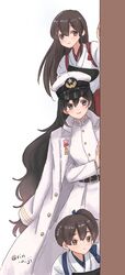  3girls akagi_(kancolle) bangs black_hair blue_hakama brown_hair coat coat_on_shoulders female_admiral_(kancolle) hakama hakama_skirt hat japanese_clothes kaga_(kancolle) kantai_collection long_hair long_sleeves military military_hat military_uniform multiple_girls muneate peeking_out ponytail red_hakama rin_(rin_niji) side_ponytail simple_background smile tasuki twitter_username uniform white_background 