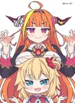  2girls ahoge akai_haato bangs black_jacket blonde_hair blue_eyes blunt_bangs blush_stickers bow braid brown_hairband claw_pose closed_mouth collared_shirt diagonal-striped_bow dragon_girl dragon_horns eyebrows_visible_through_hair fang fangs hair_ornament hairband heart heart_hair_ornament highres hololive horn_bow horns jacket kiryu_coco kukie-nyan long_hair multicolored multicolored_eyes multicolored_hair multiple_girls open_mouth orange_hair pointy_ears red_eyes red_ribbon ribbon shirt shrugging side_braid sidelocks simple_background single_braid skin_fang skin_fangs smile streaked_hair striped striped_bow twintails twitter_username very_long_hair violet_eyes virtual_youtuber w_arms white_background white_shirt 