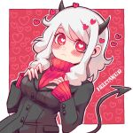 :&lt; black_horns blazer blush breasts copyright_name demon_girl demon_horns hands_on_own_chest heart heart-shaped_pupils heart_background heart_eyes helltaker highres horns jacket large_breasts looking_at_viewer medium_hair modeus_(helltaker) red_eyes red_sweater ribbed_sweater sweater symbol-shaped_pupils tail white_hair yoshikoro