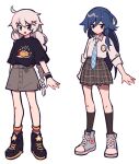  2girls :d antenna_hair bangs black_legwear black_shirt blue_eyes blue_footwear boots braid casual closed_mouth fu_hua hair_between_eyes hair_ornament honkai_(series) honkai_impact_3rd kiana_kaslana long_hair looking_at_viewer meadow_(morphinecaca) multiple_girls necktie open_mouth rainbow_legwear school_uniform shirt shoes simple_background skirt sleeves_rolled_up smile sneakers socks twin_braids white_background white_hair 