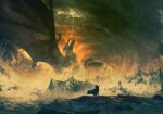  1other anato_finnstark ancalagon clouds cloudy_sky dragon fantasy from_behind giant giant_monster grey_sky highres legendarium lightning mountain sky spread_wings the_silmarillion wide_shot 