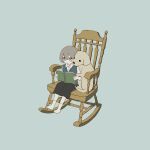  1boy absurdres avogado6 black_shorts blue_background blue_vest chair child closed_mouth colored_skin dog grey_eyes grey_hair highres holding male_focus on_chair original reading rocking_chair shirt shorts simple_background smile socks solo vest white_legwear white_shirt white_skin 