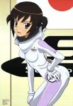  1girl 2000s_(style) absurdres astronaut bodysuit breasts brown_eyes brown_hair copyright_name highres japanese_flag leaning_forward looking_at_viewer magazine_scan megami_magazine morita_yukari official_art ooshita_kyuuma rocket_girls scan small_breasts solo white_bodysuit 