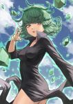 1girl ass bangs black_dress blush breasts collarbone commentary_request cowboy_shot curly_hair day dress fagi_(kakikaki) flipped_hair from_side green_eyes green_hair hand_up long_sleeves looking_at_viewer medium_hair one-punch_man open_mouth outdoors rock side_slit small_breasts solo tatsumaki upper_teeth 