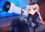  1girl absurdres akimiya_yamiku binoculars blonde_hair blue_archive blush commentary_request glass_door gloves hat highres jacket looking_at_viewer night nodoka_(blue_archive) red_eyes smile solo telescope winter_clothes 
