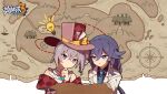  2girls bangs bare_shoulders black_hair blue_eyes bronya_zaychik bronya_zaychik_(wolf&#039;s_dawn) card closed_mouth drill_hair fu_hua fu_hua_(night_squire) grey_eyes grey_hair hair_between_eyes hand_on_own_chin hand_on_own_face hat honkai_(series) honkai_impact_3rd jacket light_bulb looking_at_object map meadow_(morphinecaca) multiple_girls necktie playing_card simple_background white_background white_jacket 