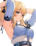 1girl armpits arms_up bangs belt black_bow blonde_hair blue_eyes blue_flower blue_rose blue_shirt blush bow breasts closed_mouth commentary_request detached_sleeves eyebrows_visible_through_hair flower genshin_impact hair_bow jean_gunnhildr koretsuki_azuma long_hair looking_at_viewer medium_breasts ponytail rose shirt sideboob sidelocks sleeves_past_elbows smile solo upper_body 