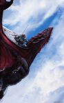  anato_finnstark armor artist_name blonde_hair blue_sky breastplate cape clouds cloudy_sky day dragon flying from_side highres knight outdoors sky white_cape 