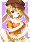  1girl animal_ears bangs blonde_hair border breasts brown_headwear dango eating eyebrows_visible_through_hair food hair_between_eyes hand_up hat highres looking_at_viewer medium_breasts one_eye_closed orange_shirt purple_background rabbit_ears red_eyes ringo_(touhou) ruu_(tksymkw) shirt short_hair shorts sitting solo t-shirt touhou wagashi white_border yellow_shorts 