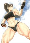  1girl abs absurdres anagumasan bangs bare_hips bare_shoulders black_panties brown_eyes brown_hair chun-li curvy fighting_stance gloves highres legs_apart muscular muscular_female panties ponytail solo sports_bra street_fighter thick_thighs thighs underwear 