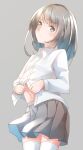  1girl bangs brown_eyes closed_mouth collared_shirt comah commentary_request dress_shirt eyebrows_visible_through_hair grey_background grey_hair grey_skirt highres long_hair long_sleeves looking_at_viewer navel original pleated_skirt shirt simple_background skirt solo thigh-highs v-shaped_eyebrows white_legwear white_shirt 