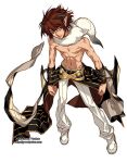  1boy animal_around_neck bangs black_cape cape chain clenched_hand closed_mouth commentary detached_sleeves english_commentary fox full_body grandyoukan horns looking_to_the_side navel orange_eyes pants ponytail professor_(ragnarok_online) ragnarok_online redhead shirtless shoes short_hair simple_background solo standing striped_sleeves toned toned_male waist_cape watermark web_address white_background white_footwear white_pants white_sleeves 
