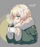  1girl aka_ringo blonde_hair blush character_name drink eyebrows_visible_through_hair fur-trimmed_jacket fur_trim gloves green_eyes green_jacket grey_background hair_between_eyes highres holding holding_drink jacket kantai_collection long_sleeves open_mouth shimushu_(kancolle) short_hair simple_background solo white_gloves 